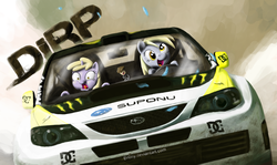Size: 2000x1191 | Tagged: safe, artist:br0ny, derpy hooves, dinky hooves, pegasus, pony, unicorn, g4, bobblehead, car, crossover, dc shoes, derpy driving, driving, equestria's worst mother, feather, featured image, female, filly, food, ken block, mare, monster energy, muffin, open mouth, parody, photoshop, scared, screaming, smiling, subaru, subaru impreza, this will end in tears, video game, wallpaper, wide eyes, world rally championship