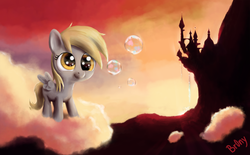 Size: 1920x1189 | Tagged: safe, artist:br0ny, derpy hooves, pegasus, pony, g4, blank flank, bubble, canterlot, cloud, cloudy, female, filly, filly derpy, foal, hooves, on a cloud, photoshop, solo, spread wings, standing on a cloud, wallpaper, wings, younger
