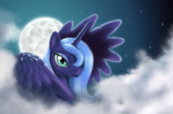 Size: 1920x1264 | Tagged: safe, artist:br0ny, princess luna, alicorn, pony, g4, cloud, cloudy, female, mare, moon, photoshop, s1 luna, solo