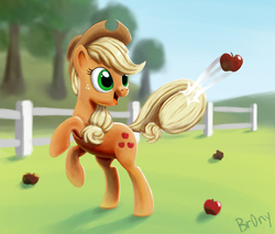 Size: 1000x850 | Tagged: safe, artist:br0ny, applejack, earth pony, pony, g4, apple, day, digital painting, female, fence, happy, mare, motion lines, open mouth, open smile, outdoors, photoshop, rearing, signature, smiling, solo