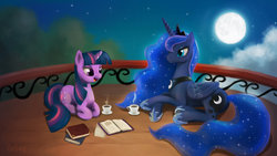 Size: 900x506 | Tagged: safe, artist:br0ny, princess luna, twilight sparkle, alicorn, pony, unicorn, g4, balcony, book, crossed hooves, cup, duo, ethereal mane, female, lesbian, mare, moon, night, prone, ship:twiluna, shipping, starry mane, tea, teacup, unicorn twilight