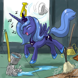 Size: 900x900 | Tagged: safe, artist:johnjoseco, princess luna, alicorn, pony, g4, broom, brush, bucket, cleaning, clothes, cute, dancing, duster, eyes closed, female, happy, jewelry, lunabetes, mare, mop, music notes, open mouth, open smile, peytral, photoshop, puddle, s1 luna, shoes, signature, smiling, solo, spray bottle, spread wings, tiara, water, window, wings, working