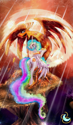 Size: 920x1578 | Tagged: safe, artist:miradge, philomena, princess celestia, alicorn, phoenix, pony, g4, female, horn, mare, wings