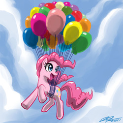 Size: 900x900 | Tagged: safe, artist:johnjoseco, pinkie pie, earth pony, pony, g4, balloon, cloud, cute, diapinkes, female, flying, happy, mare, open mouth, open smile, outdoors, photoshop, sky, smiling, solo, then watch her balloons lift her up to the sky
