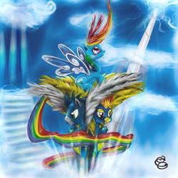 Size: 1024x1024 | Tagged: dead source, safe, artist:miradge, rainbow dash, soarin', spitfire, pegasus, pony, g4, butterfly wings, cloudsdale, female, male, mare, stallion, wings, wonderbolts