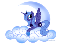 Size: 1657x1250 | Tagged: safe, artist:mlpazureglow, princess luna, alicorn, pony, g4, cloud, female, jewelry, lying on a cloud, mare, moon, on a cloud, prone, regalia, s1 luna, show accurate, simple background, solo, spread wings, tiara, transparent background, wings