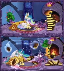 Size: 1000x1100 | Tagged: dead source, safe, artist:elosande, artist:miradge, princess celestia, twilight sparkle, alicorn, pony, unicorn, g4, book, canterlot, comic, duo, duo female, female, filly, fireplace, magic, magical mishap, mare, photoshop, prone