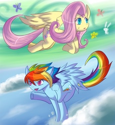 Size: 645x704 | Tagged: safe, artist:whitephox, angel bunny, fluttershy, rainbow dash, pegasus, pony, g4, cloud, cloudy, female, flying, mare, photoshop