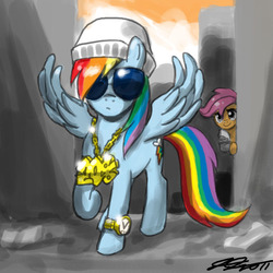 Size: 900x900 | Tagged: safe, artist:johnjoseco, rainbow dash, scootaloo, pegasus, pony, g4, bling, duo, duo female, female, filly, gangsta, gangster, mare, photoshop, sunglasses