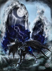 Size: 800x1080 | Tagged: safe, artist:miradge, nightmare moon, alicorn, pony, g4, female, lightning, magic, mare, moon, photoshop, solo