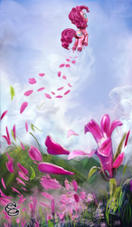 Size: 700x1200 | Tagged: safe, artist:miradge, pinkie pie, earth pony, pony, g4, female, flower, flying, jumping, mare, palindrome get, pronking, smiling, solo, underhoof