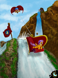 Size: 1500x2000 | Tagged: safe, artist:miradge, apple bloom, scootaloo, sweetie belle, earth pony, pegasus, pony, unicorn, g4, couch, cutie mark crusaders, fainting couch, female, filly, flag, hang gliding, in the distance, scenery, vertigo, waterfall