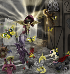 Size: 1994x2100 | Tagged: dead source, safe, artist:miradge, amethyst star, bon bon, coco crusoe, derpy hooves, fluttershy, lily, lily valley, sparkler, sweetie drops, butterfly, earth pony, pegasus, pony, unicorn, g4, apple, blindfold, female, food, magic, mare, the horror, wat