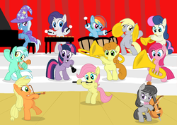 Size: 1016x720 | Tagged: safe, artist:shutterflye, applejack, bon bon, carrot top, derpy hooves, fluttershy, golden harvest, lyra heartstrings, octavia melody, pinkie pie, rainbow dash, rarity, sweetie drops, trixie, twilight sparkle, earth pony, pegasus, pony, unicorn, band, bow (instrument), cello, cello bow, clarinet, concert, cymbals, dexterous hooves, drums, equestrian fillyharmonic, female, filly, filly applejack, filly bon bon, filly derpy, filly derpy hooves, filly fluttershy, filly lyra, filly octavia, filly pinkie pie, filly rainbow dash, filly rarity, filly sweetie drops, filly trixie, filly twilight sparkle, flute, foal, lyre, mane six, musical instrument, orchestra, piano, timpani, trombone, trumpet, tuba, unicorn twilight, violin, violin bow, xylophone, younger