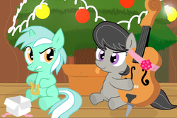 Size: 875x584 | Tagged: safe, artist:shutterflye, lyra heartstrings, octavia melody, earth pony, pony, unicorn, g4, cello, christmas, duo, duo female, female, filly, filly lyra, filly octavia, foal, lyre, musical instrument, sitting, tongue out, younger