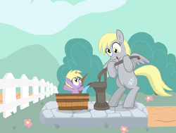 Size: 925x700 | Tagged: safe, artist:shutterflye, derpy hooves, dinky hooves, pegasus, pony, unicorn, g4, adventures in happy, bath, cute, derpabetes, dinkabetes, equestria's best mother, female, fence, filly, mare, mother and daughter, pump