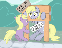 Size: 825x645 | Tagged: safe, artist:shutterflye, derpy hooves, dinky hooves, pegasus, pony, unicorn, g4, abuse, blushing, criminal, criminal scum, derpybuse, duo, female, filly, frown, grin, mare, muffin, muffin thief, pony shaming, punishment, sad, smiling, stocks, that pony sure does love muffins, thief
