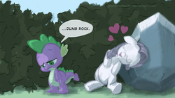 Size: 1280x720 | Tagged: safe, artist:giantmosquito, rarity, spike, tom, dragon, earth pony, pony, g4, ..., adobe imageready, bush, dialogue, disappointed, discorded, earth pony rarity, eyes closed, female, heart, looking down, male, mare, race swap, sad, shading, simple background, smiling, wallpaper, watermark, wingless spike