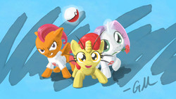 Size: 1920x1080 | Tagged: safe, artist:giantmosquito, apple bloom, scootaloo, sweetie belle, earth pony, meowth, pegasus, pony, unicorn, g4, abstract background, costume, crossover, cutie mark crusaders, female, kanto pokémon, normal type pokémon, photoshop, pokémon, pokémon (anime), team rocket, team rocket's meowth, wallpaper