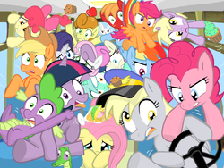 Size: 1035x779 | Tagged: safe, artist:shutterflye, angel bunny, apple bloom, applejack, big macintosh, bon bon, carrot top, derpy hooves, dinky hooves, fluttershy, golden harvest, gummy, lyra heartstrings, pinkie pie, rainbow dash, rarity, scootaloo, spike, sweetie belle, sweetie drops, twilight sparkle, dragon, earth pony, pegasus, pony, unicorn, g4, apple siblings, apple sisters, brother and sister, bus, cupcake, cutie mark crusaders, derpy driving, driving, female, filly, jesus take the wheel, male, mane seven, mane six, mare, muffin, siblings, sisters, stallion, this will end in catastrophe, this will end in death, this will end in tears, this will end in tears and/or death, this will not end well, unicorn twilight