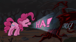 Size: 1920x1080 | Tagged: safe, artist:giantmosquito, pinkie pie, earth pony, pony, friendship is magic, g4, everfree forest, eyes closed, female, laughter song, mare, photoshop, solo, sound effects, tree, wallpaper