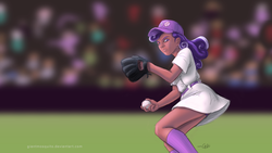 Size: 1920x1080 | Tagged: safe, artist:giantmosquito, screwball, human, g4, a league of their own, adobe imageready, baseball, baseball cap, baseball glove, blurry background, cap, clothes, dark skin, female, hat, humanized, solo, sports, stadium, throwing, uniform, wallpaper