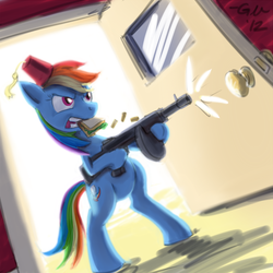 Size: 960x960 | Tagged: safe, artist:giantmosquito, rainbow dash, pegasus, pony, g4, bipedal, crossover, door, doorway, drum magazine, dutch angle, female, fez, gun, hat, mare, mouth hold, sandwich, scarface, solo, submachinegun, tommy gun, weapon