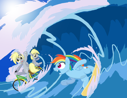 Size: 850x660 | Tagged: safe, artist:shutterflye, derpy hooves, dinky hooves, rainbow dash, pegasus, pony, bicycle, female, filly, foal, mare, ocean, photoshop, surfing, water