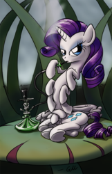 Size: 551x852 | Tagged: safe, artist:giantmosquito, rarity, caterpillar, pony, g4, absolem, alice in wonderland, crossover, drugs, female, hookah, multiple limbs, smoking, solo, tobacco, wat