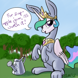 Size: 640x640 | Tagged: safe, artist:giantmosquito, princess celestia, alicorn, pony, g4, bunny costume, clothes, crown, cute, cutelestia, dialogue, female, grass, jewelry, lidded eyes, mare, open mouth, regalia, sitting, smiling, solo, speech bubble, tree, watering can, zap apple