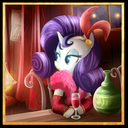 Size: 1000x1000 | Tagged: safe, artist:madmax, rarity, pony, unicorn, g4, chair, clothes, dress, drink, eiffel tower, fancy, feather, female, glass, lamp, lidded eyes, mare, paris, sitting, solo, wine, wine glass