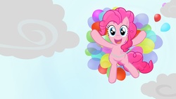Size: 4859x2733 | Tagged: safe, artist:minimoose772, pinkie pie, earth pony, pony, g4, balloon, female, flying, happy, mare, photoshop, solo, then watch her balloons lift her up to the sky, wallpaper