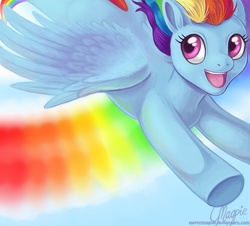Size: 830x750 | Tagged: dead source, safe, artist:laurenmagpie, rainbow dash, pegasus, pony, g4, day, female, flying, happy, mare, open mouth, open smile, photoshop, rainbow, sky, smiling, solo, sonic rainboom, windswept mane