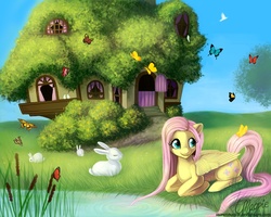 Size: 1000x800 | Tagged: dead source, safe, artist:laurenmagpie, fluttershy, butterfly, pegasus, pony, rabbit, g4, female, fluttershy's cottage, mare, photoshop, pond, prone, solo, water