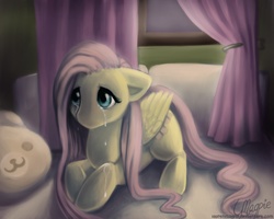Size: 900x720 | Tagged: dead source, safe, artist:laurenmagpie, fluttershy, pegasus, pony, g4, bed, crying, female, floppy ears, mare, photoshop, prone, sad, solo