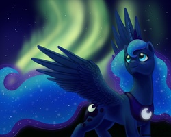 Size: 900x720 | Tagged: dead source, safe, artist:laurenmagpie, princess luna, alicorn, pony, g4, aurora borealis, female, looking up, mare, photoshop, solo, spread wings, wings