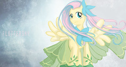 Size: 1000x531 | Tagged: safe, artist:saturnspace, fluttershy, pegasus, pony, g4, clothes, dress, female, gala dress, mare, photoshop, solo