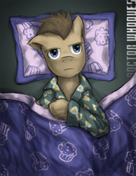 Size: 700x900 | Tagged: safe, artist:saturnspace, doctor whooves, time turner, earth pony, pony, g4, bed, clothes, insomnia, male, muffin, pajamas, photoshop, solo, stallion