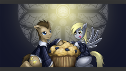Size: 1920x1080 | Tagged: safe, artist:saturnspace, derpy hooves, doctor whooves, time turner, earth pony, pegasus, pony, g4, clothes, female, giant muffin, male, mare, muffin, photoshop, ship:doctorderpy, shipping, stallion, straight, that pony sure does love muffins, tongue out, wallpaper
