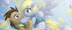 Size: 1419x600 | Tagged: safe, artist:saturnspace, derpy hooves, doctor whooves, time turner, earth pony, pegasus, pony, g4, season 1, winter wrap up, abstract background, blushing, boyfriend and girlfriend, clothes, eye contact, female, flying, looking at each other, male, mare, photoshop, ship:doctorderpy, shipping, spread wings, stallion, straight, vest, wings, winter wrap up vest