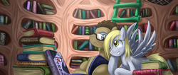 Size: 1702x720 | Tagged: safe, artist:saturnspace, derpy hooves, doctor whooves, time turner, earth pony, pegasus, pony, g4, blushing, book, book title humor, bookshelf, duo, female, glasses, golden oaks library, hoof on chin, indoors, ladder, library, looking at each other, looking at someone, looking sideways, male, mare, palindrome get, photoshop, ship:doctorderpy, shipping, spread wings, stallion, straight, wings