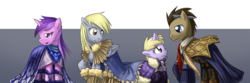 Size: 1800x600 | Tagged: safe, artist:saturnspace, amethyst star, derpy hooves, dinky hooves, doctor whooves, sparkler, time turner, earth pony, pegasus, pony, unicorn, g4, cape, clothes, daughter, family, father, female, filly, male, mare, mother, photoshop, ship:doctorderpy, shipping, stallion, straight