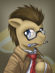 Size: 900x1200 | Tagged: safe, artist:saturnspace, doctor whooves, time turner, earth pony, pony, g4, bust, clothes, colored pupils, crossover, doctor who, glasses, male, mouth hold, photoshop, solo, sonic screwdriver, stallion, the doctor
