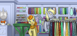 Size: 1280x600 | Tagged: safe, artist:saturnspace, carrot top, derpy hooves, golden harvest, earth pony, pegasus, pony, g4, 1337, bowtie, duo, female, get, index get, indoors, mare, necktie, photoshop, shop, shopping