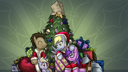 Size: 1280x720 | Tagged: safe, artist:saturnspace, amethyst star, derpy hooves, dinky hooves, doctor whooves, sparkler, time turner, earth pony, pegasus, pony, unicorn, g4, 2011, abstract background, christmas, christmas tree, crossover, description in comments, doctor who, female, filly, glasses, hat, hearth's warming eve, holiday, k-9, male, mare, photoshop, santa hat, stallion, tree, wallpaper