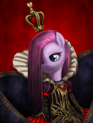 Size: 900x1200 | Tagged: safe, artist:saturnspace, pinkie pie, earth pony, pony, g4, alice, alice: madness returns, clothes, crossover, crown, female, frown, heart, mare, photoshop, pinkamena diane pie, red queen, solo