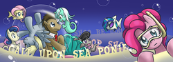 Size: 1500x540 | Tagged: safe, artist:saturnspace, bon bon, derpy hooves, dj pon-3, doctor whooves, fluttershy, lyra heartstrings, octavia melody, pinkie pie, sweetie drops, time turner, vinyl scratch, earth pony, fish, monster pony, octopony, octopus, original species, pegasus, pony, sea pony, shark, g4, bubble, call upon the sea ponies, female, flutterfish, fluttershark, male, mare, octaviapus, photoshop, race swap, seaponified, seapony bon bon, seapony lyra, sharkified, shoo be doo, snorkel, song reference, species swap, stallion, text, underwater, vinyl shark