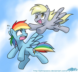 Size: 1000x922 | Tagged: safe, artist:johnjoseco, derpy hooves, rainbow dash, pegasus, pony, g4, duo, duo female, female, flying, mare, photoshop, sky