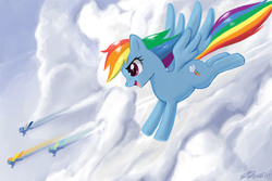 Size: 1500x1000 | Tagged: safe, artist:johnjoseco, misty fly, rainbow dash, soarin', spitfire, pegasus, pony, g4, cloud, female, flying, mare, photoshop, wonderbolts