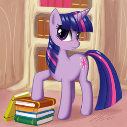 Size: 1000x1001 | Tagged: safe, artist:johnjoseco, twilight sparkle, pony, unicorn, g4, blushing, blushlight sparkle, book, female, golden oaks library, mare, photoshop, raised hoof, solo, unicorn twilight